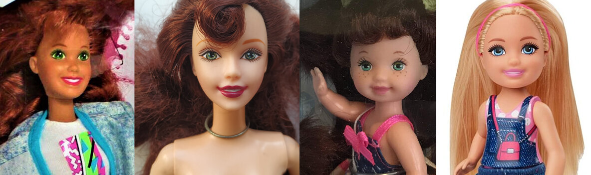 Челси, Челси, Челси и Челси от Mattel. Все персонажи разные. У последней Челси имя пишется несколько по-другому, но произносится также. 