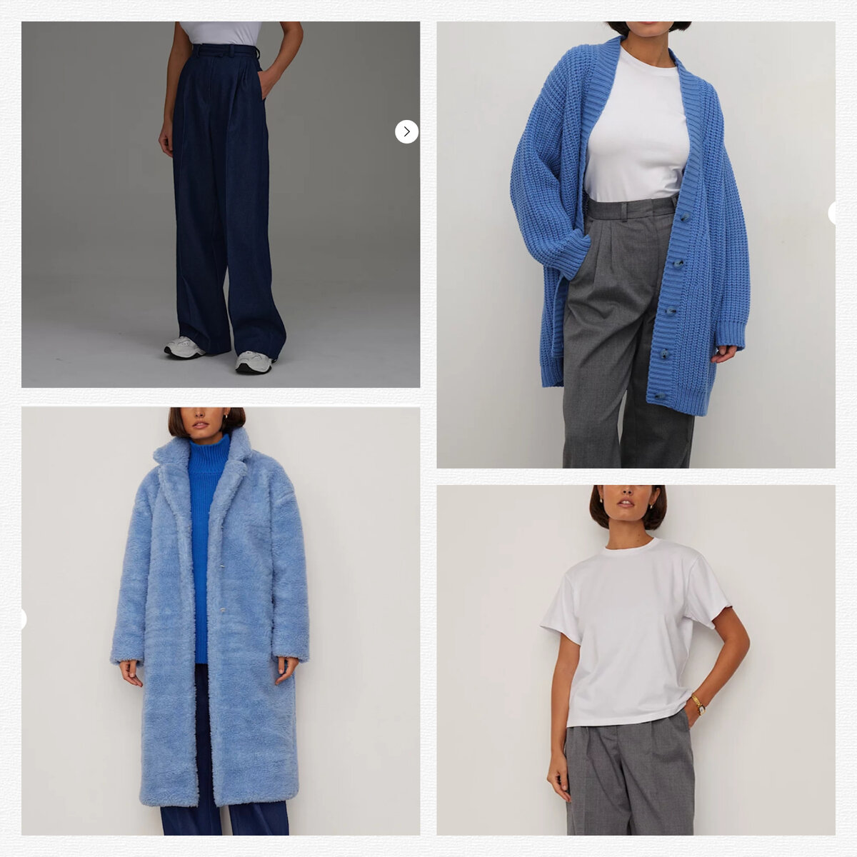 Шуба 19990 руб., кардиган 9990 руб., базовая футболка 2590 руб., джинсы 5990 руб.