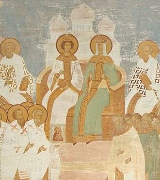 Императрица Ирина с сыном на Седьмом Вселенском соборе (фрагмент фрески Дионисия, XV век)