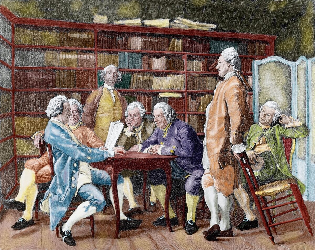 "Общество литераторов" или "кружок энциклопедистов". Стоит справа Дени Дидро (1713 - 1784 гг.). Фото из открытых источников