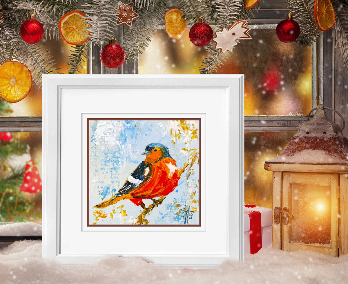 Зяблик, 10х10 см, масло. Автор Соломатова Алена. 