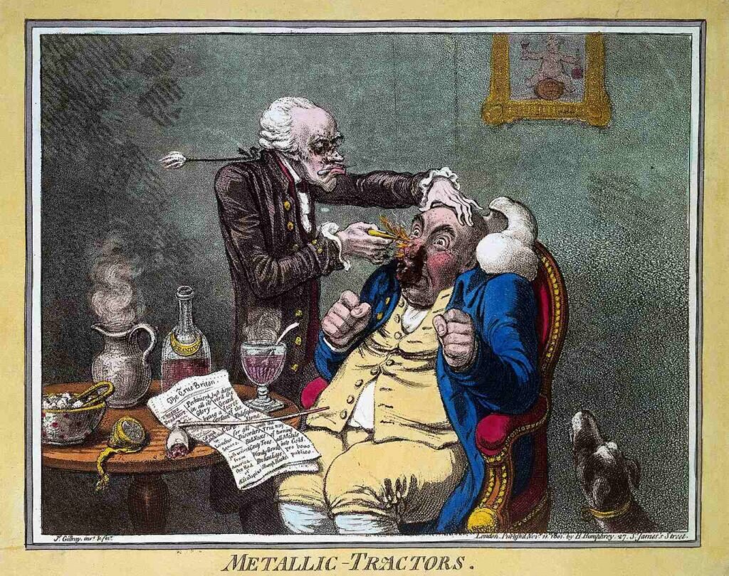    Карикатура начала XIX века. На ней изображен шарлатан, лечащий с помощью неких «металлических палочек», которые якобы помогают при ревматизме и различных воспалениях. Вся надежда такого целителя (впрочем, как и его пациента) только на «эффект плацебо» / ©wikipedia.org