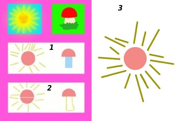 Три варианта схематичного изображения солнышка и гриба