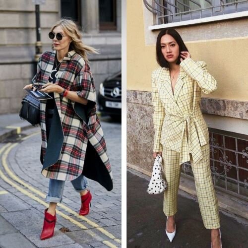 Здесь обратите внимание на только на клетку, но и на крой. Слева кейп - разновидность актуальной верхней одежды. Справа костюмный жакет с завязками на талии - для тех, кто соскучился по приталенным женственным силуэтам.