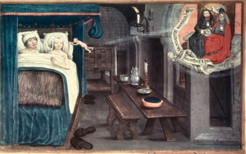 Брак в средневековье, догадайтесь почему супруги с полотенцами на голове в постели