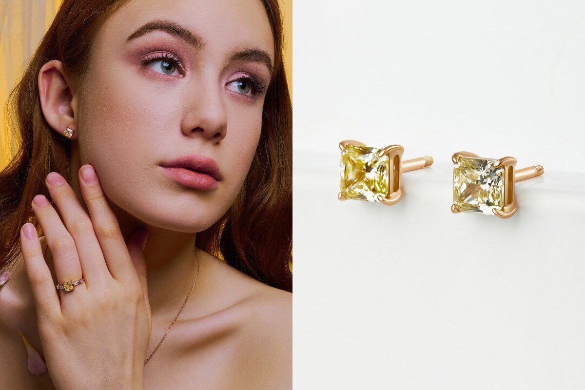 Золотые серьги гвоздики с фианитами 000-372783 на ourgold.ru