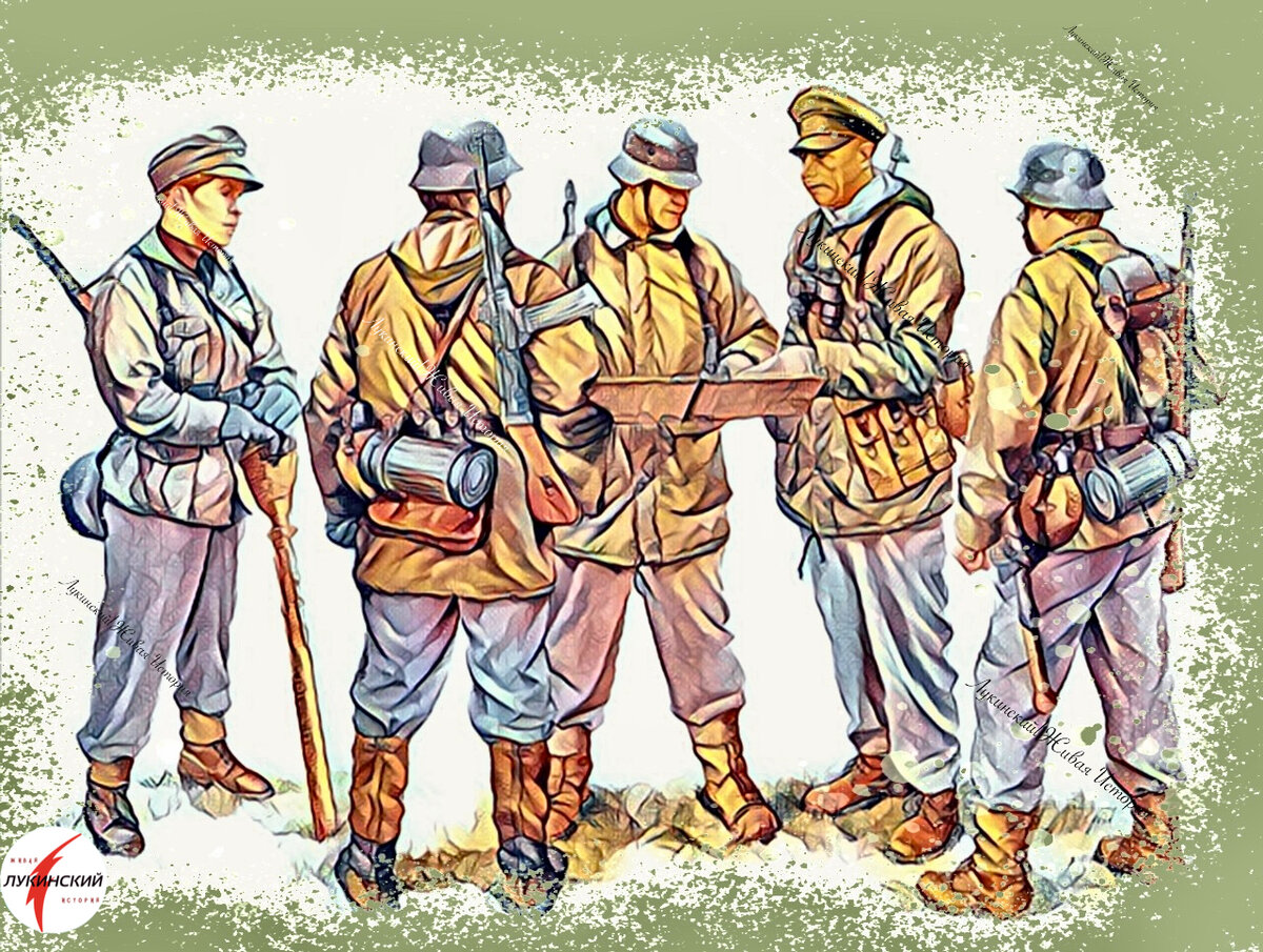 Регулярная армия вермахта в униформе 1944-1945 года. Мы видим основное вооружение: противотанковый Панцерфауст, штурмовая винтовка МР-44/StG-44 и винтовка Kar 98