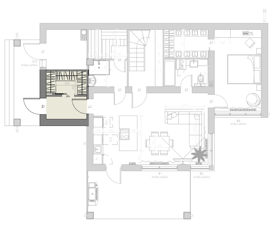 Небольшой тамбур с пуфом для переобувания и крючками для того чтобы быстро повесить кофту можно дополнять гардеробной комнатой