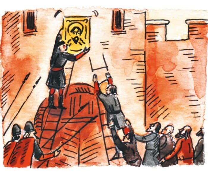 Иконоборцы ставили вопрос так: если Христос воскрес то зачем его изображать человеком на иконах? Просьба не путать с совсем другими богословскими спорами на тему Не делай себе кумира и никакого изображения того, что на небе вверху, и что на земле внизу, и что в воде ниже земли; не поклоняйся им и не служи им (Исход 20:4)