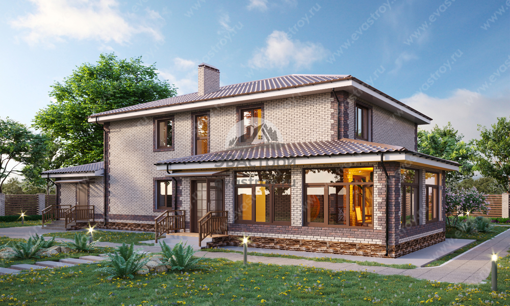 Проект двухэтажного дома 273 м2 с одноместным гаражом, кабинетом и верандой - KVR-137