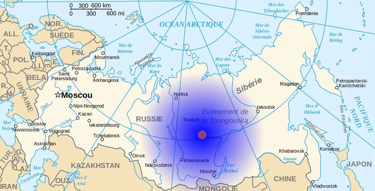 Тунгусское событие: зона 1 (красная, около 20 км радиуса), полное разрушение; зона 2 (оранжевая, около 100 км радиуса), повреждение, пожар, погибшие животные; зона 3 (синяя, 1500 км), грохот взрыва.