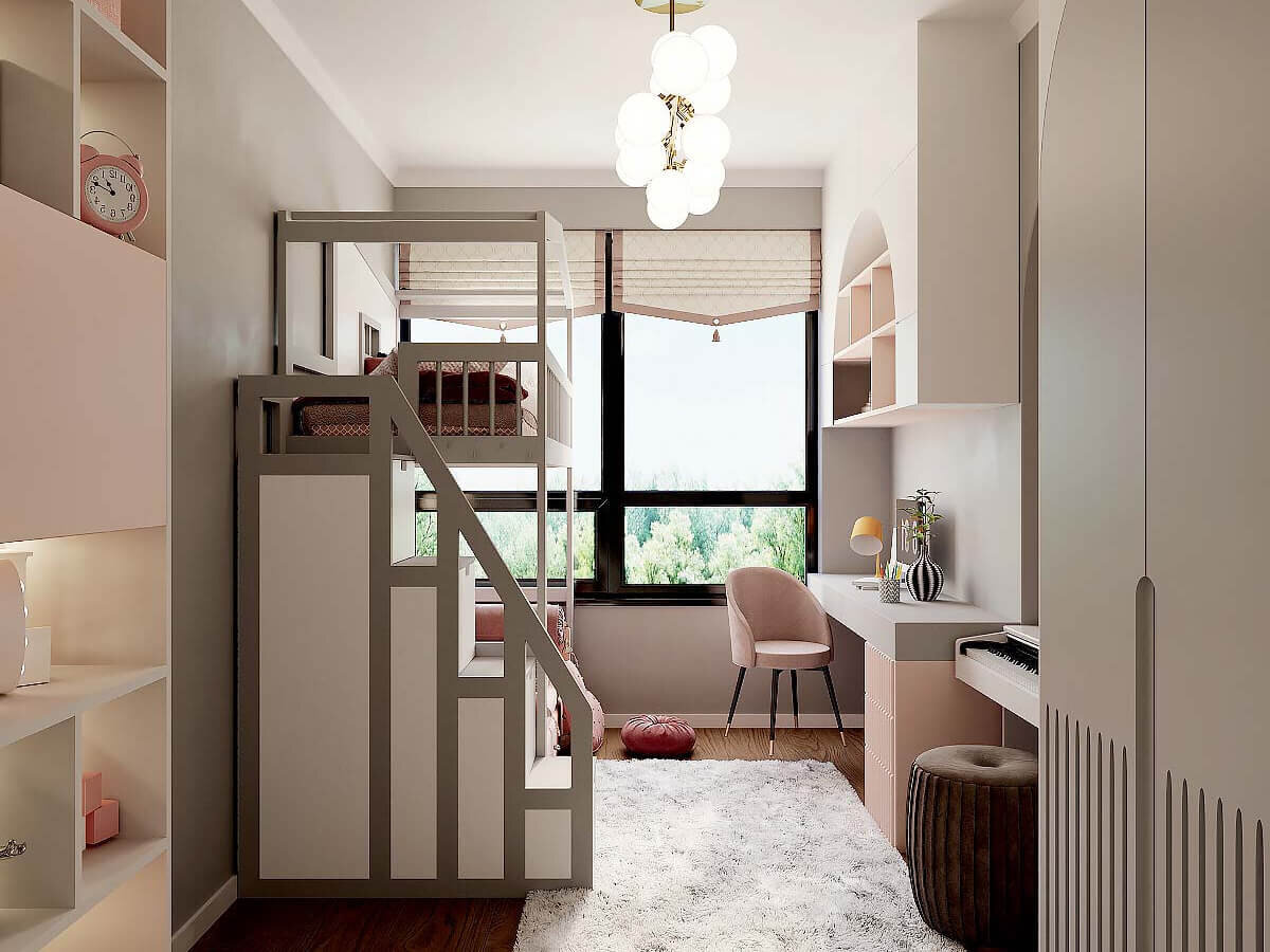 Практичная идея зонирования в небольшой детской комнате