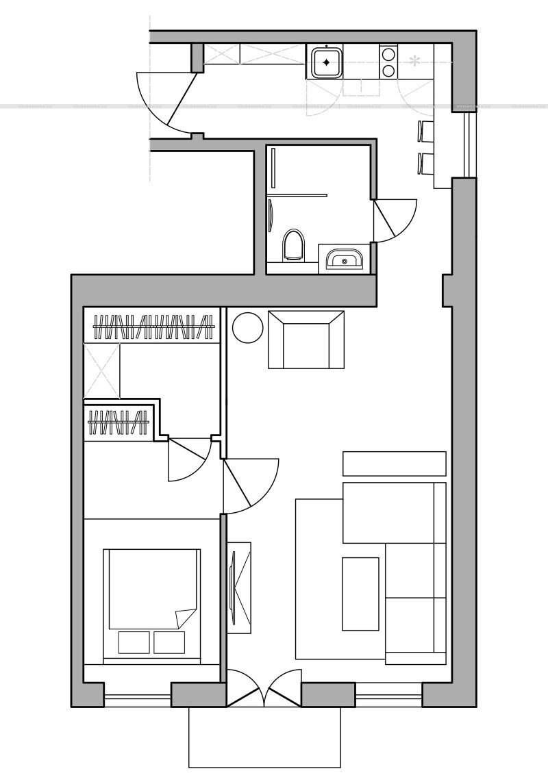 Черновые работы были масштабными — всю старую отделку демонтировали вплоть до основания. Помимо этого пришлось менять инженерные коммуникации и усиливать металлоконструкцией один из дверных проёмов. В санузле отсутствовали и ванна, и душевая.