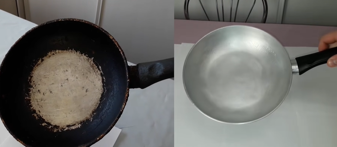 Кастрюля с десятилетним нагаром до/после чистки.