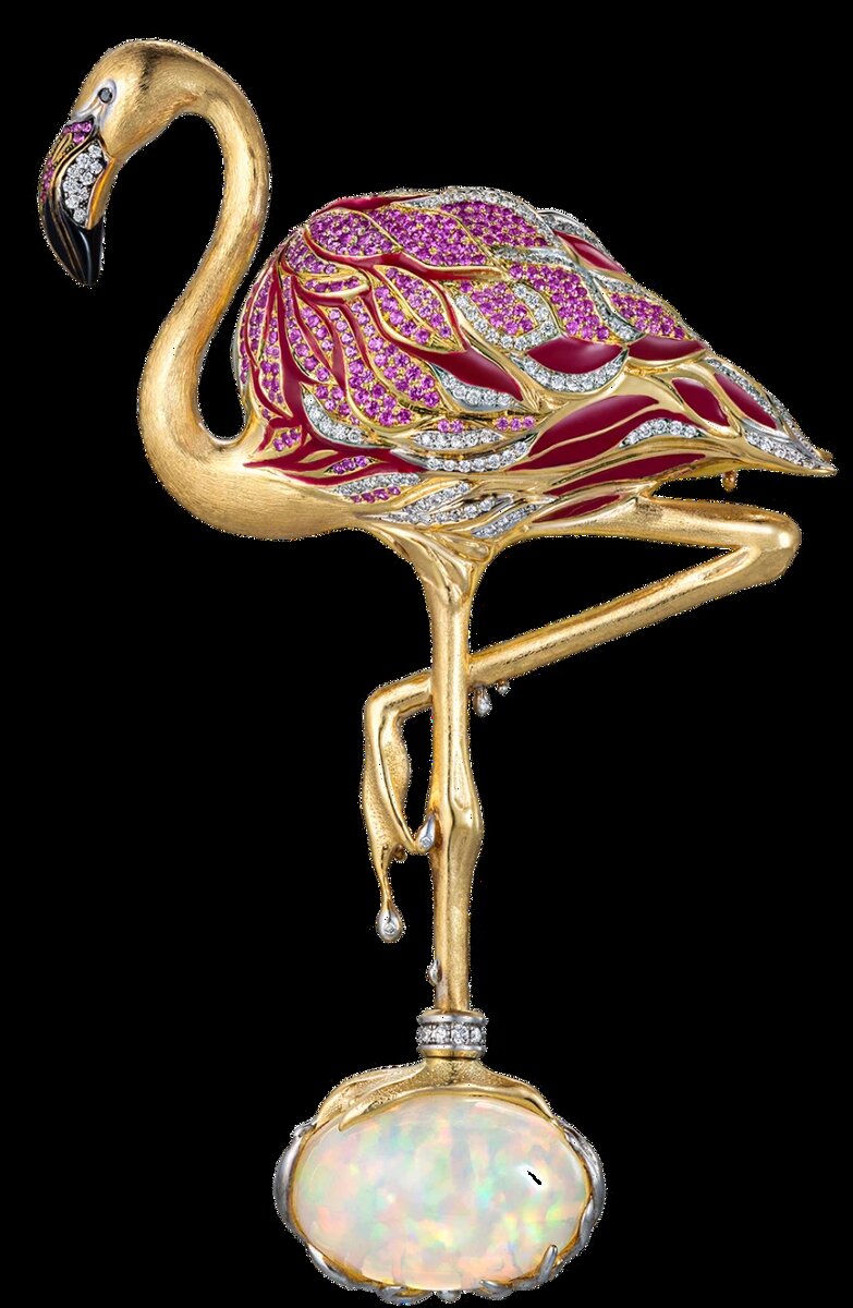 Брошь "Фламинго", золото 585 пробы, прозрачные бриллианты, черные бриллианты, розовые сапфиры, опал, эмаль, ручная работа, выполнена в единственном экземпляре