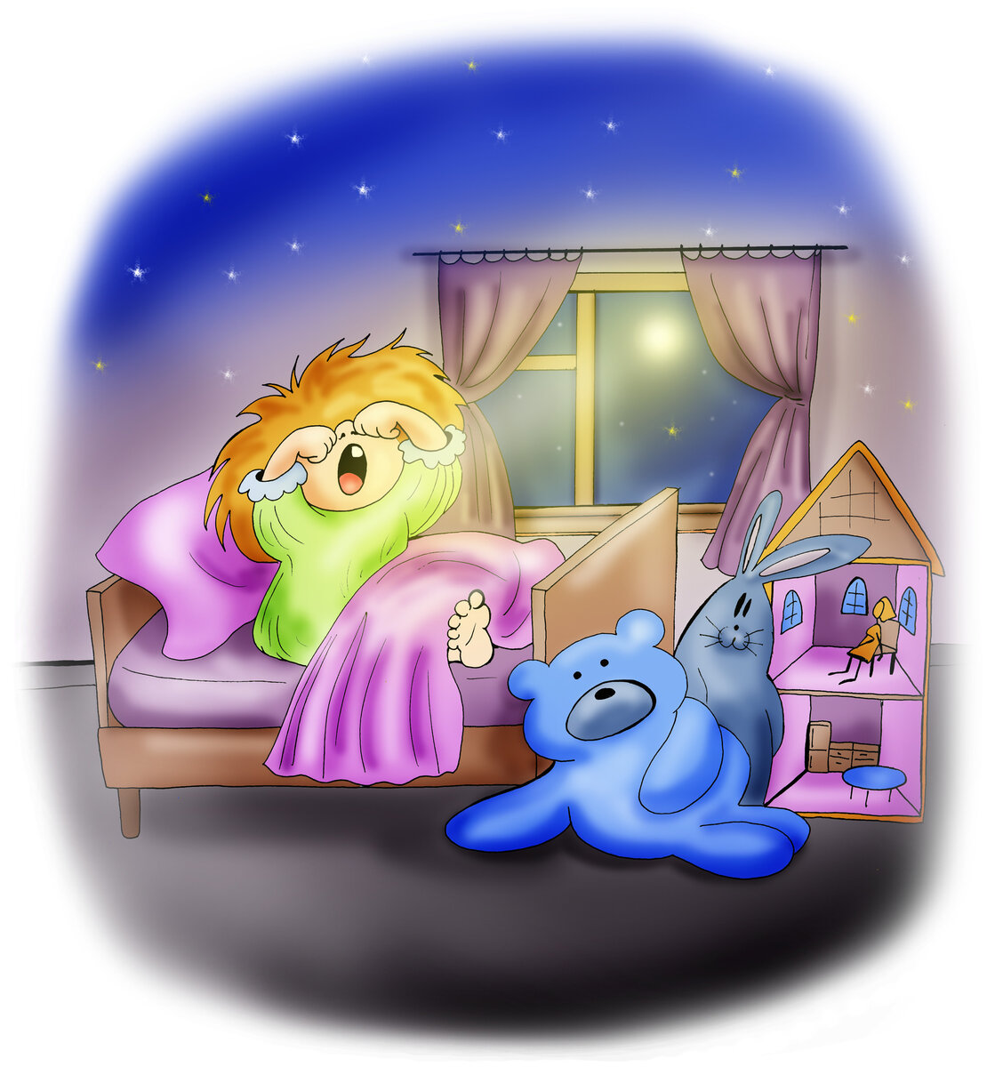 Ночь в глазки попала. Рисунок Полины Бреевой. Иллюстрация к моей книге "Кто такая Ай-я-яй?" 