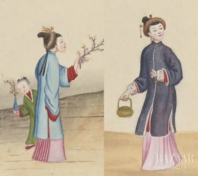 Фрагменты изображений "Нравы столицы империи Цин" (清国京城市京风俗图), девушки с «чехлом Чжаоцзюнь»