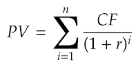 PV – текущая стоимость (present value) человеческого капитала; n – количество будущих лет работы человека
CF – ежегодная прибыль;
r – ставка доходности.