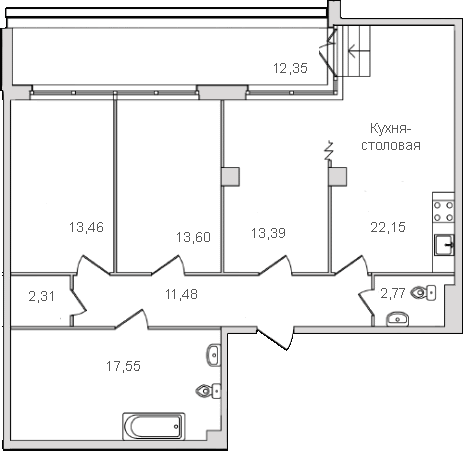 Планировка квартиры в корпусе 5А, 96,7 м²