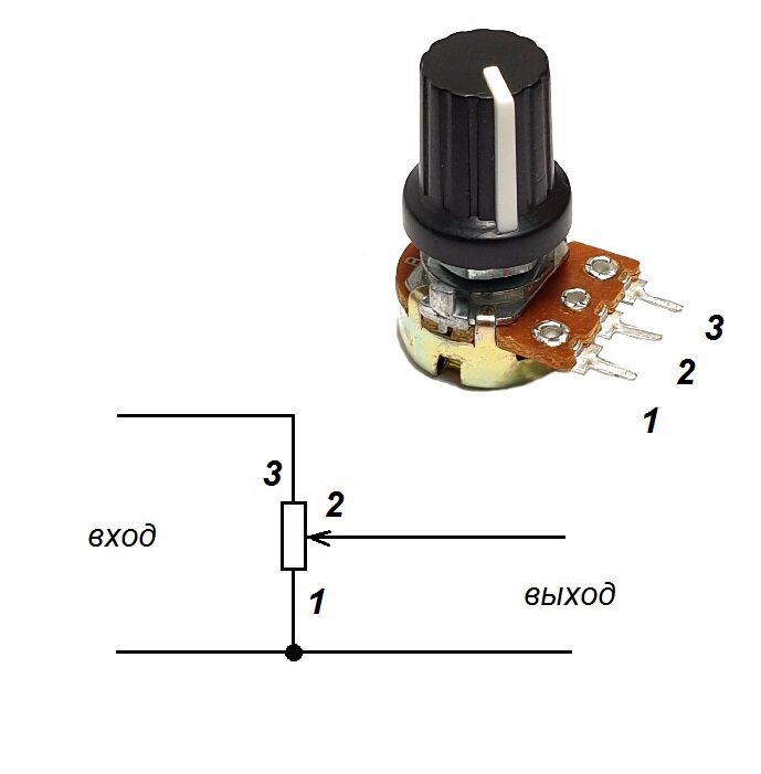 Переменный резистор с ручкой и его использование в регулируемом делителе напряжения.