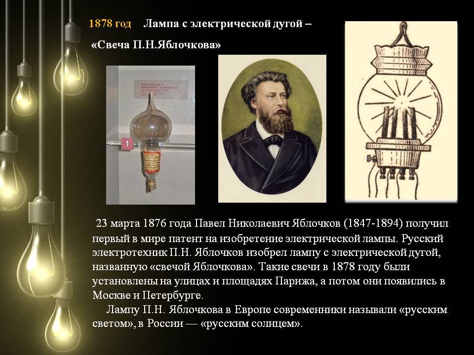 Первое электрическое освещение свечами п н яблочкова презентация