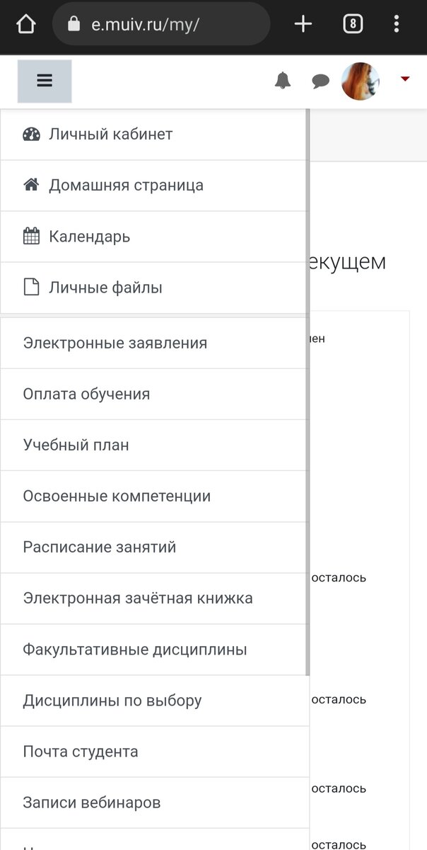 Личный кабинет студента. Мобильная версия. 