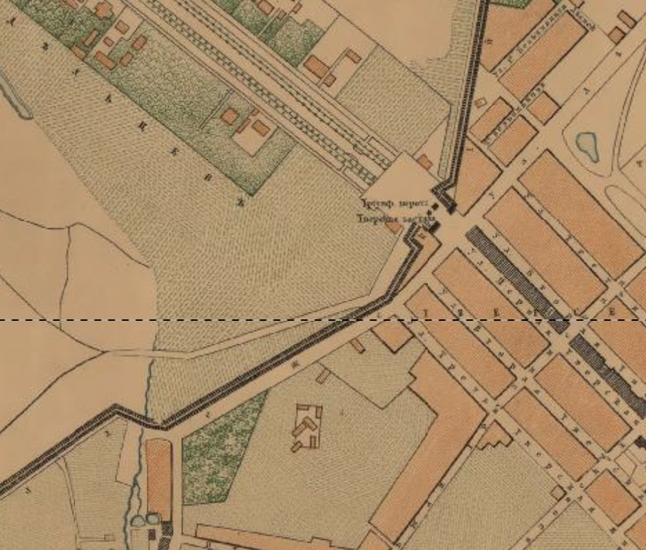 Тверская застава на фрагменте карты Москвы 1865 года. С сайта www.retromap.ru.