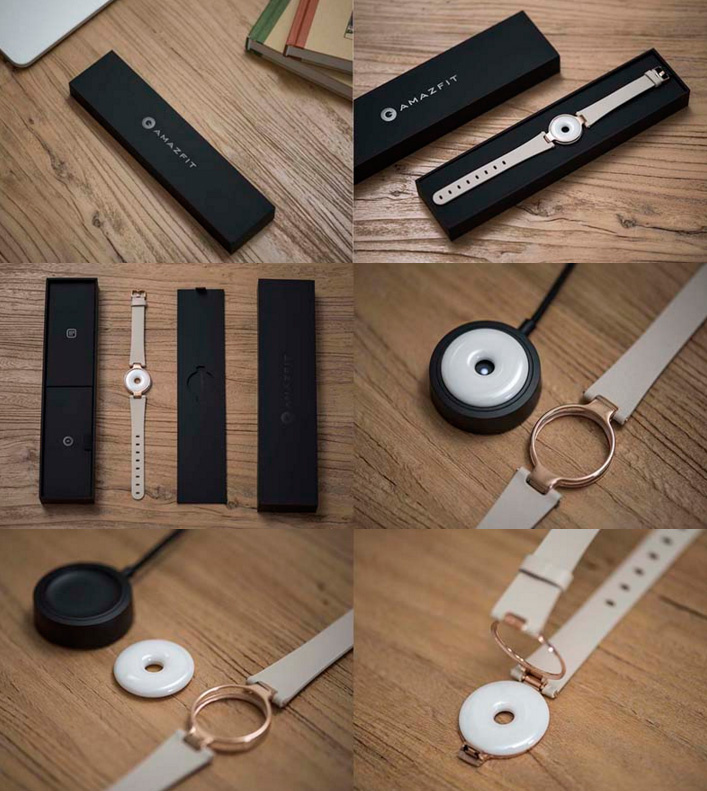 Как театр начинается с вешалки, так Amazfit - с упаковки. Практичная и ярко-черная упаковка, ничего лишнего, внутри трекер-бублик из оксида циркония и беспроводное зарядное устройство. Оксид циркония другими словами это керамика, так что корпус именно керамический, без каких-либо разъемов. Дело в том, что зарядка гаджета осуществляется через индукционное зарядное устройство. Синхронизация Amazfit проводится через Bluetooth, отлично придумано, не правда ли?


Amazfit бывает либо с молочно-белым корпусом и золотой застежкой либо черным Equator, также можно выбрать удобный браслет - либо ремешок из кожзаменителя, либо полиуретановый Equator вариант-унисекс. 
