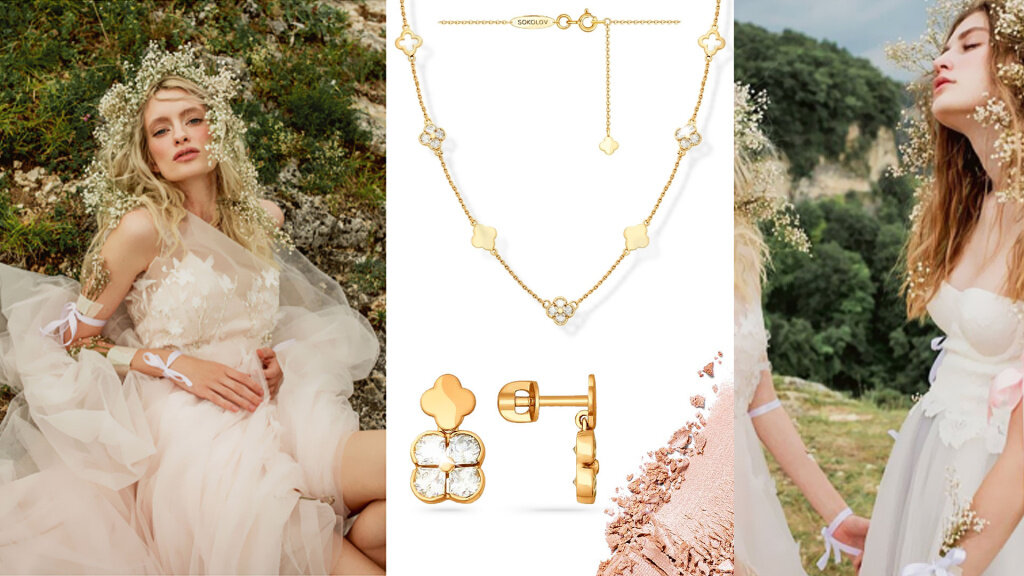 Колье и серьги-пусеты из золота со Swarovski Zirconia