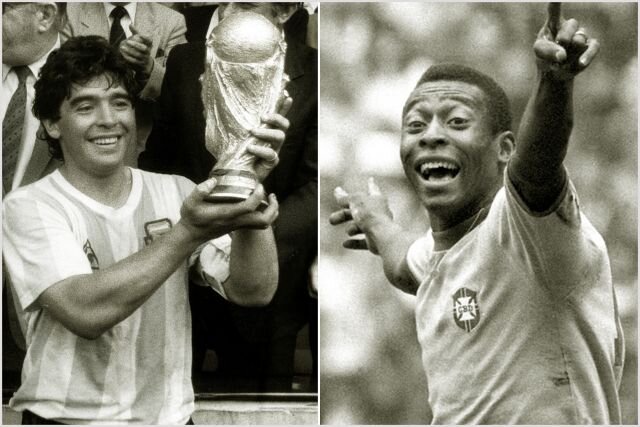 Марадона (слева) и Пеле (справа) - эти футболисты приводили сборные Аргентины и Бразилии к званиям мировых чемпионов.