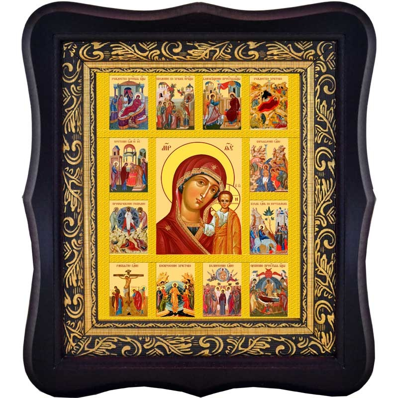 Казанская икона Божьей Матери с житием на льняном холсте.