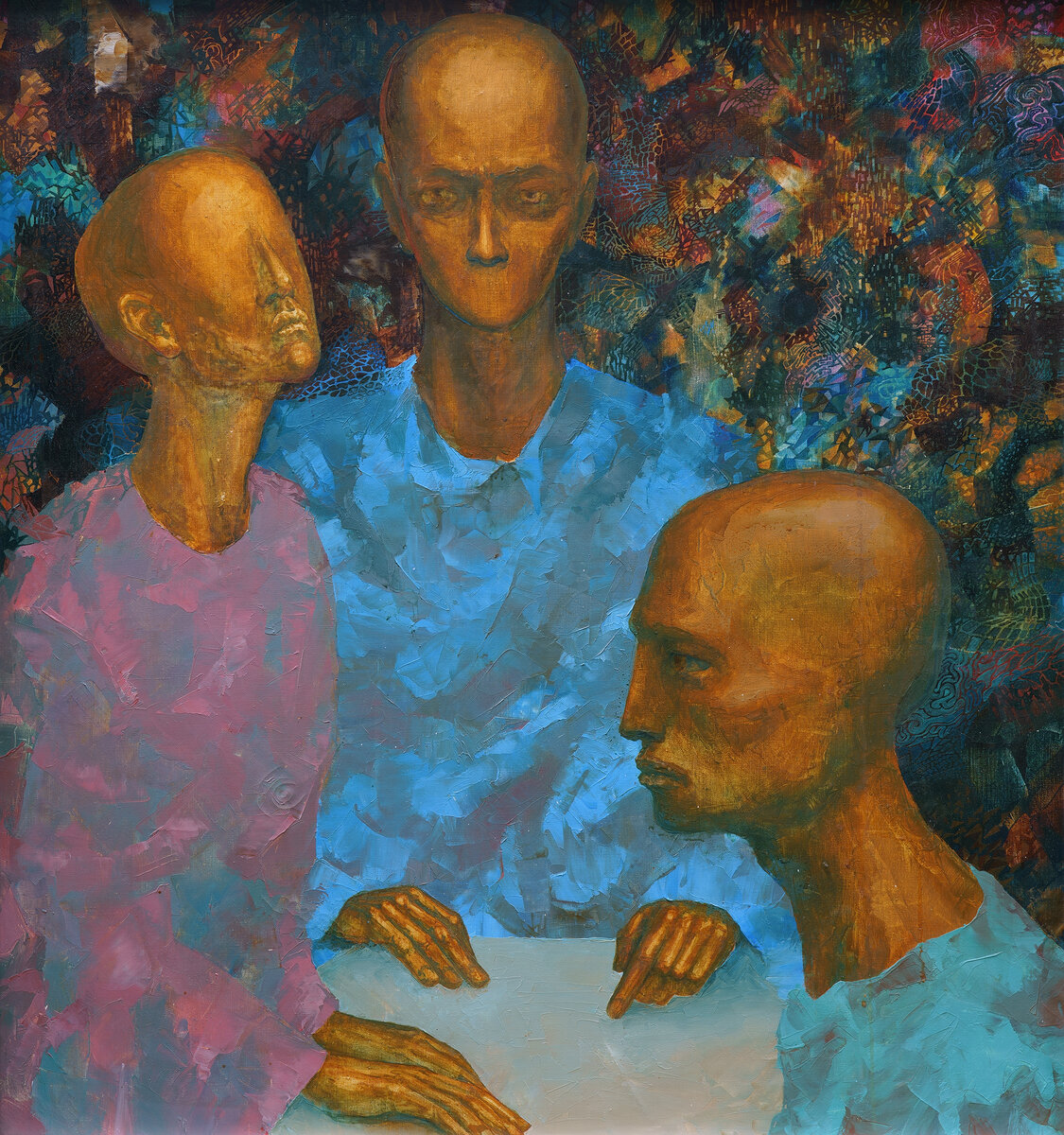 «Беседа» 1991 г., 80 X 74 см, холст, масло, художник Гадельшин Азат. «Conversation» 1991, 80 X 74 cm, oil on canvas, artist Gadelshin Azat.
