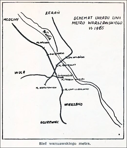 Проект варшавского метро 1951 года. На схеме отмечены линии, которые планировалось завершить к 1965 году.