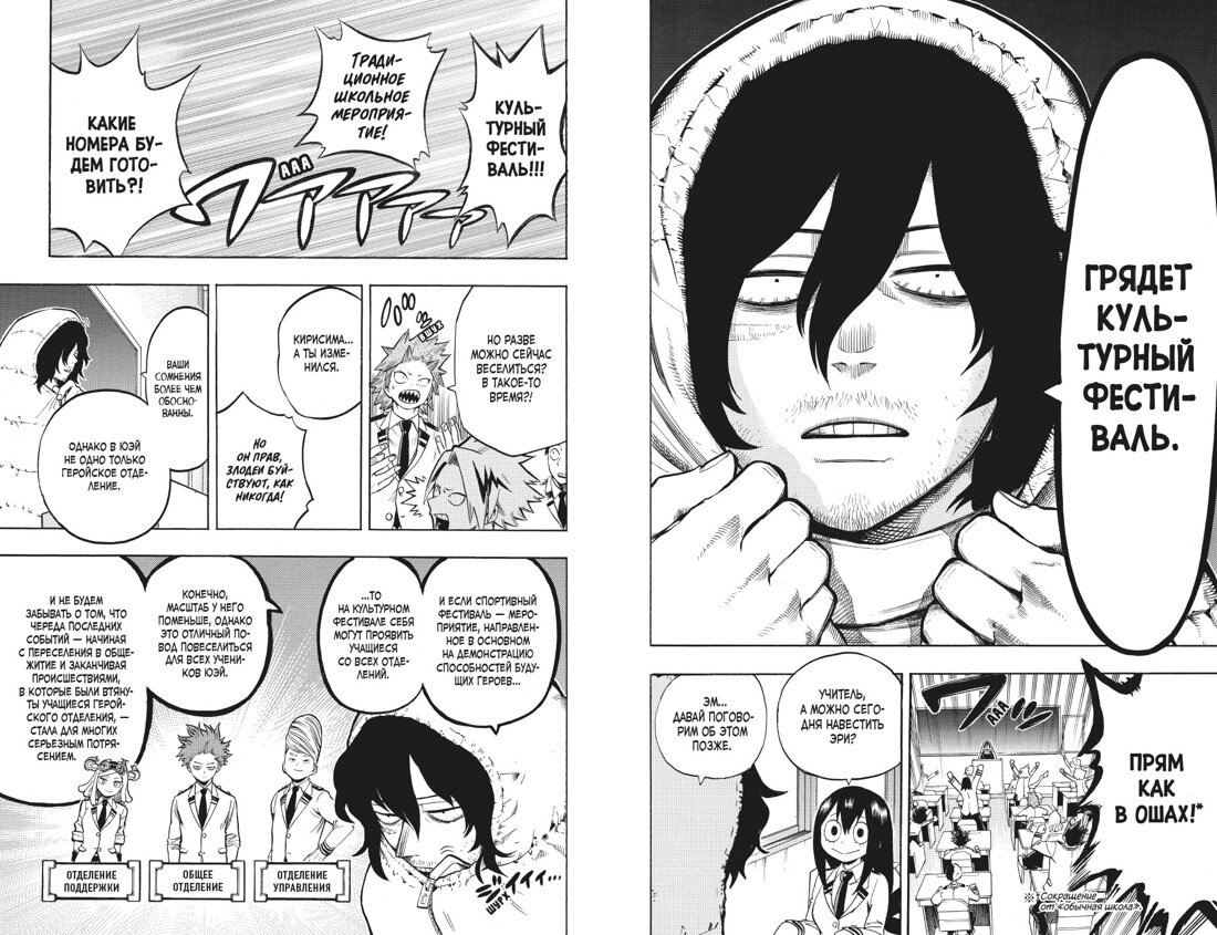 Разворот из манги Кохэя Хорикоси «Моя геройская академия 10. Книги 19–20: Культурный фестиваль; Долгожданное открытие» © ООО «Издательская Группа «Азбука-Аттикус»