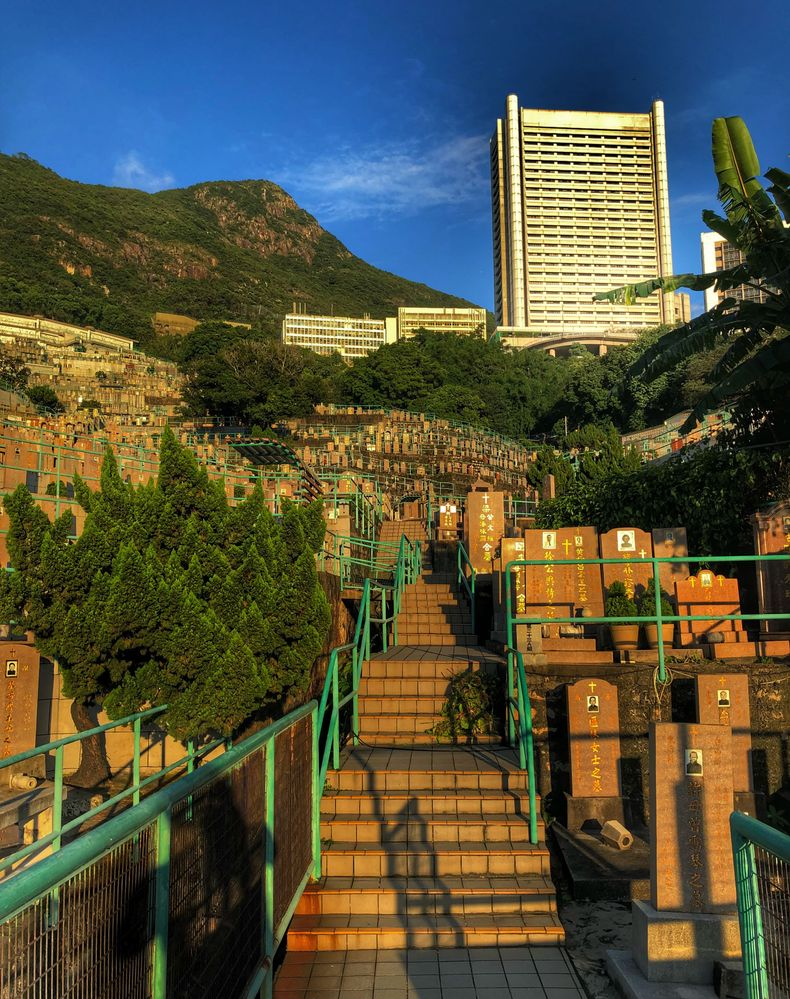 Лестница кладбища Пок-Фу-Лам на фоне новостроек и горы Сай-Ко-Шан