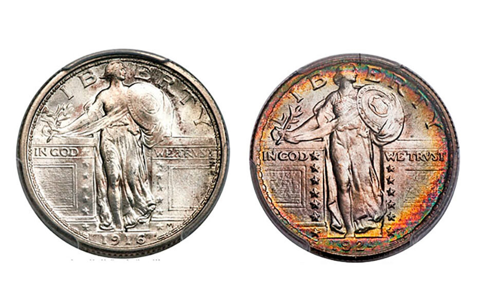 Четвертак Стоящая Свобода 1916 года и 1924 года / фото © Золотой Запас