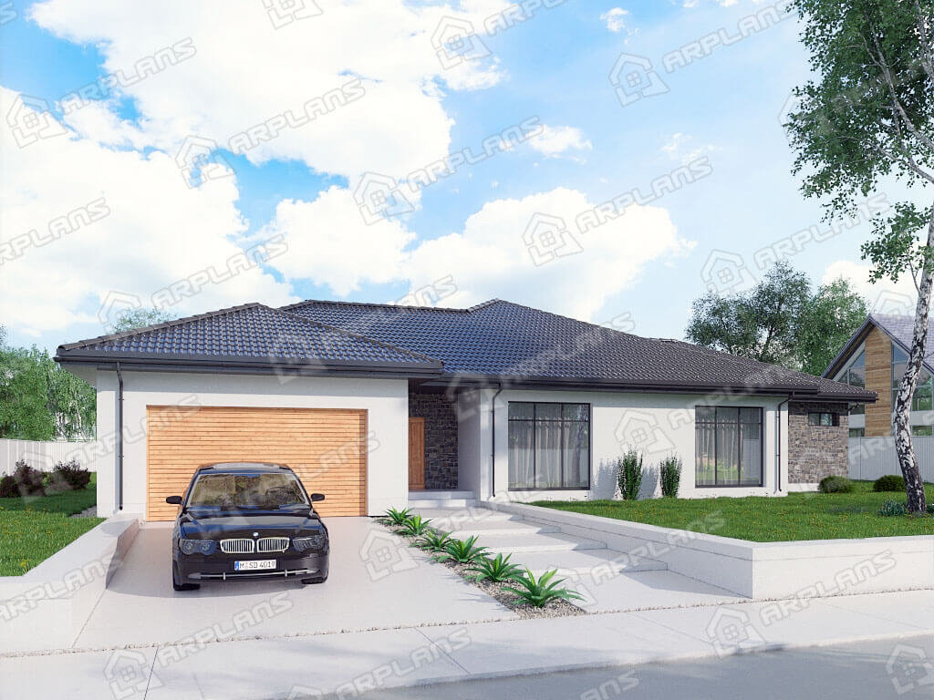 Фото 1 одноэтажного дома из газобетона с 3 спальнями, газовой котельной, гаражом на 2 авто и террасой. Общая площадь 300 кв м. Источник arplans.ru Проект К-162