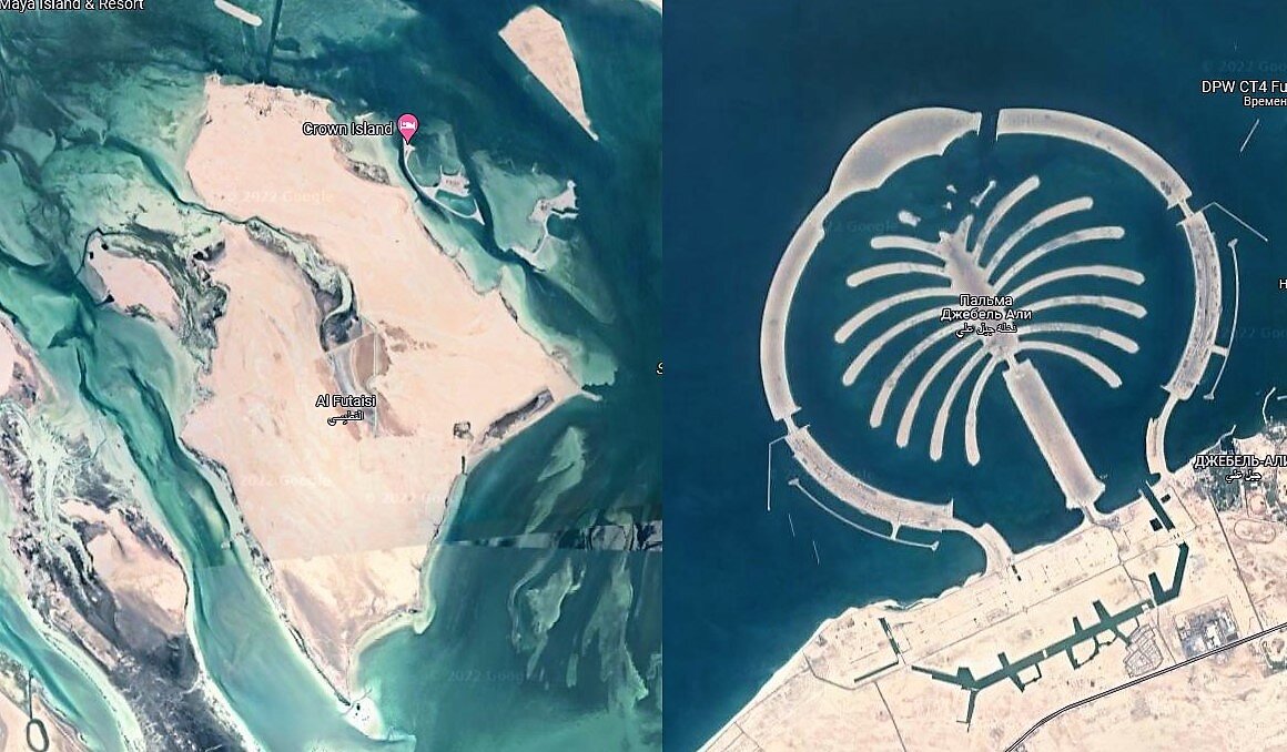 Ала острова. Остров Аль Футаиси. Остров Аль Футаиси со спутника. Имя шейха Хамада из космоса.