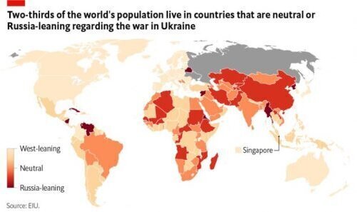 Аналитическое иностранное агентство Global Forecast опубликовало доклад и такую карту: Две-третьих населения планеты поддерживают Россию или нейтральны к санкциям.