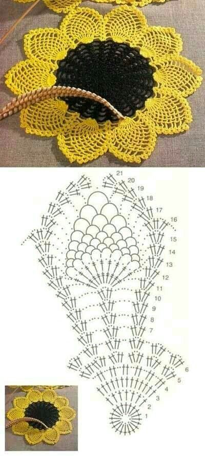 Вязаные подсолнухи крючком со схемами