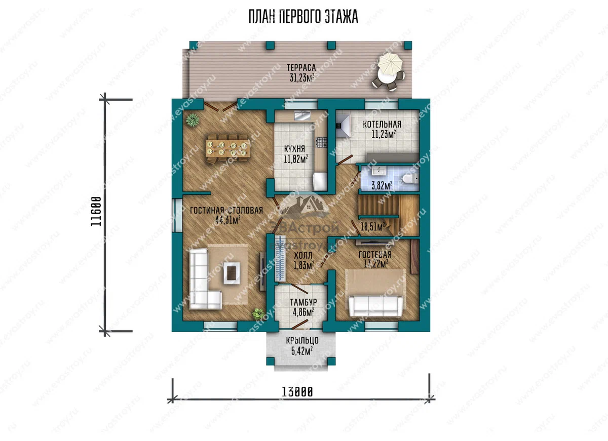 План первого этажа. Источник изображения: Дзен-канал "ЭВАстрой"