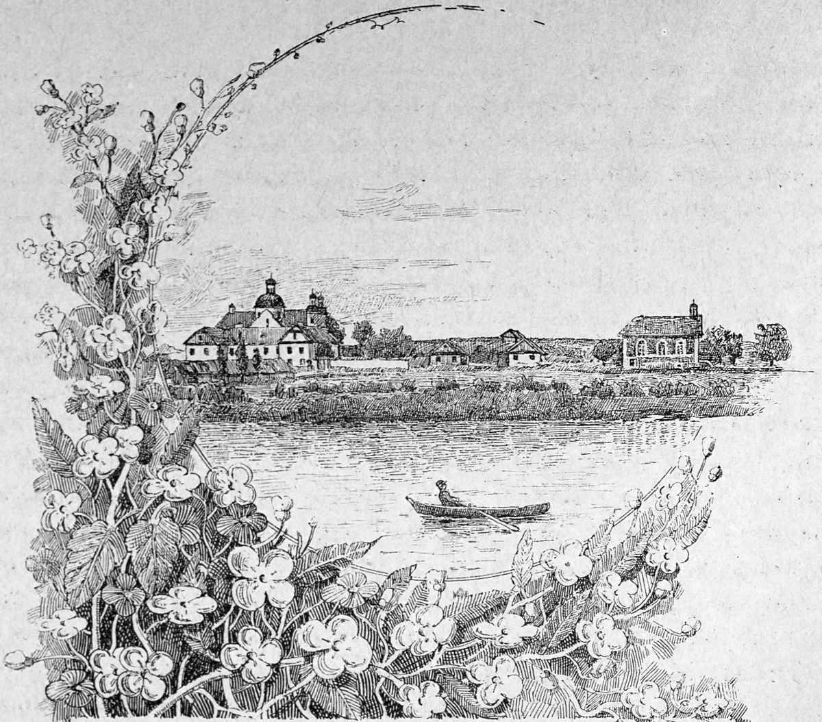 Рисунок 1896 года. Слева виден костёл и монастырский жилой комплекс. 