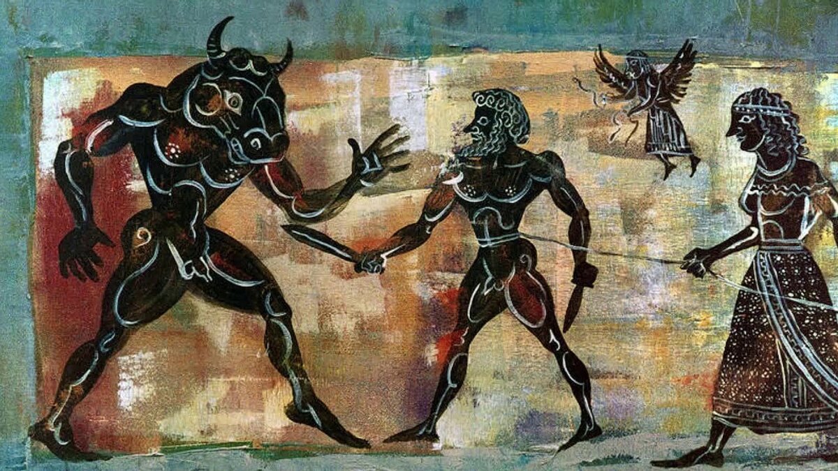 Минотавр гибнет, атакованный хитрыми сожителями (Тесеем и Ариадной с нитками)
