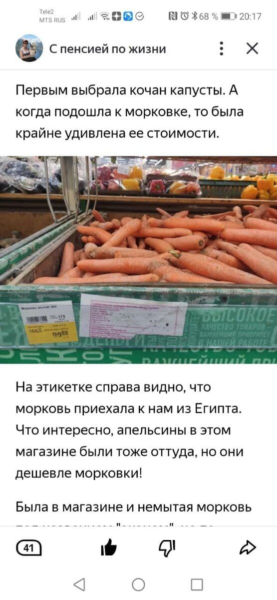 Скрин статьи автора с ценой на морковь