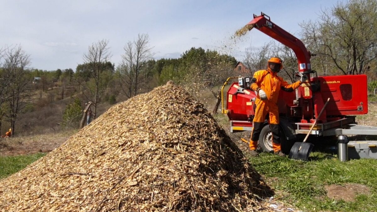 Дровосек, его дробилка и моя большая куча щепочек