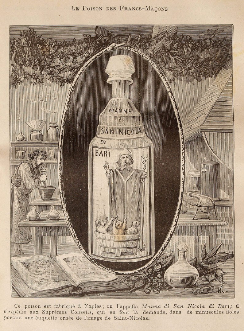 Гравюра "Манна св. Николая из Бари". Представлена в: Léo Taxil, Les Mystères de la Franc-Maçonnerie, Paris, 1886.