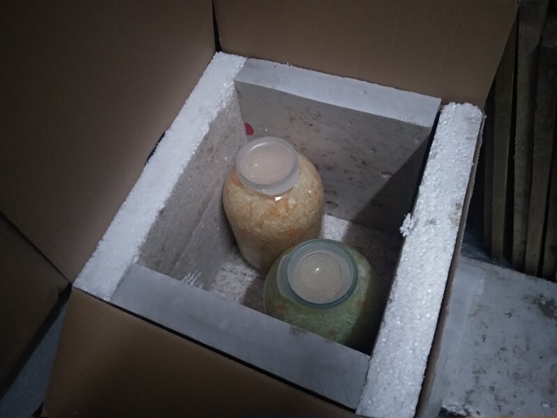 две банки умещаются в ящике из пенопласта и картонной коробки