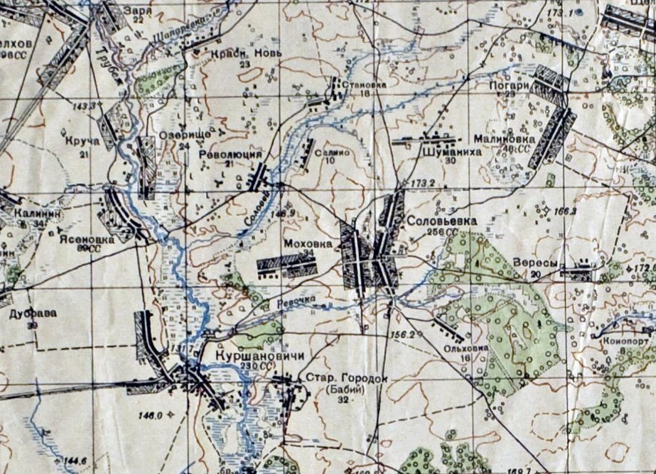 1930 год, фрагмент географической карты местности: село Соловьёвка и окружающие  посёлки