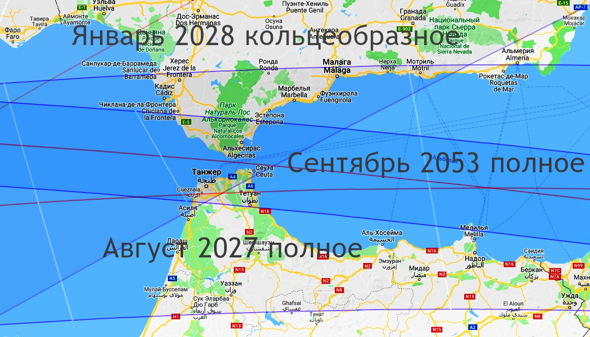  Карта видимости солнечных затмений в 2027, 2028 и 2053 годах, на основе карт Гугл и сайта eclipsewise