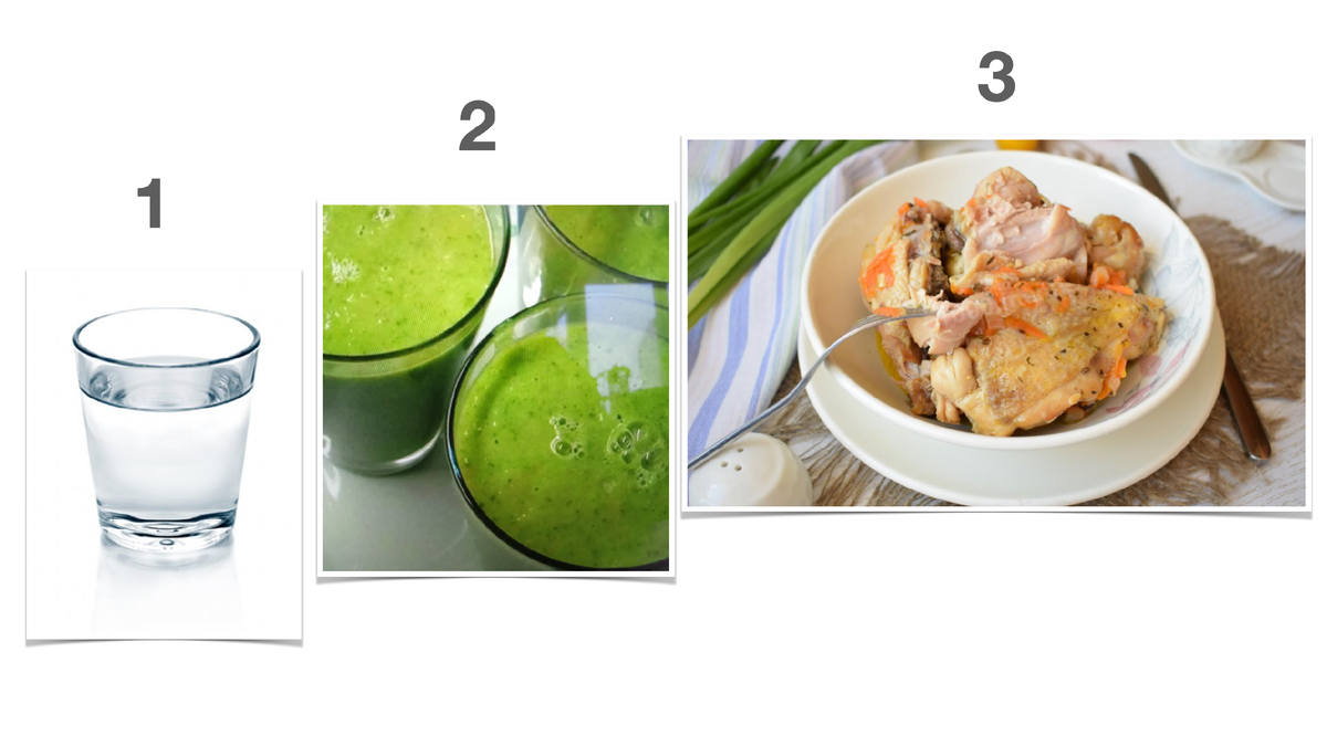 Последовательно выпить воду, через 20 минут смузи, еще через 20 минут можно приступать к трапезе. Фото и коллаж автора